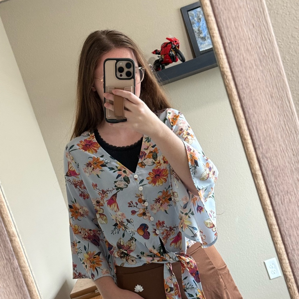 Blue Floral Tie Front Blouse